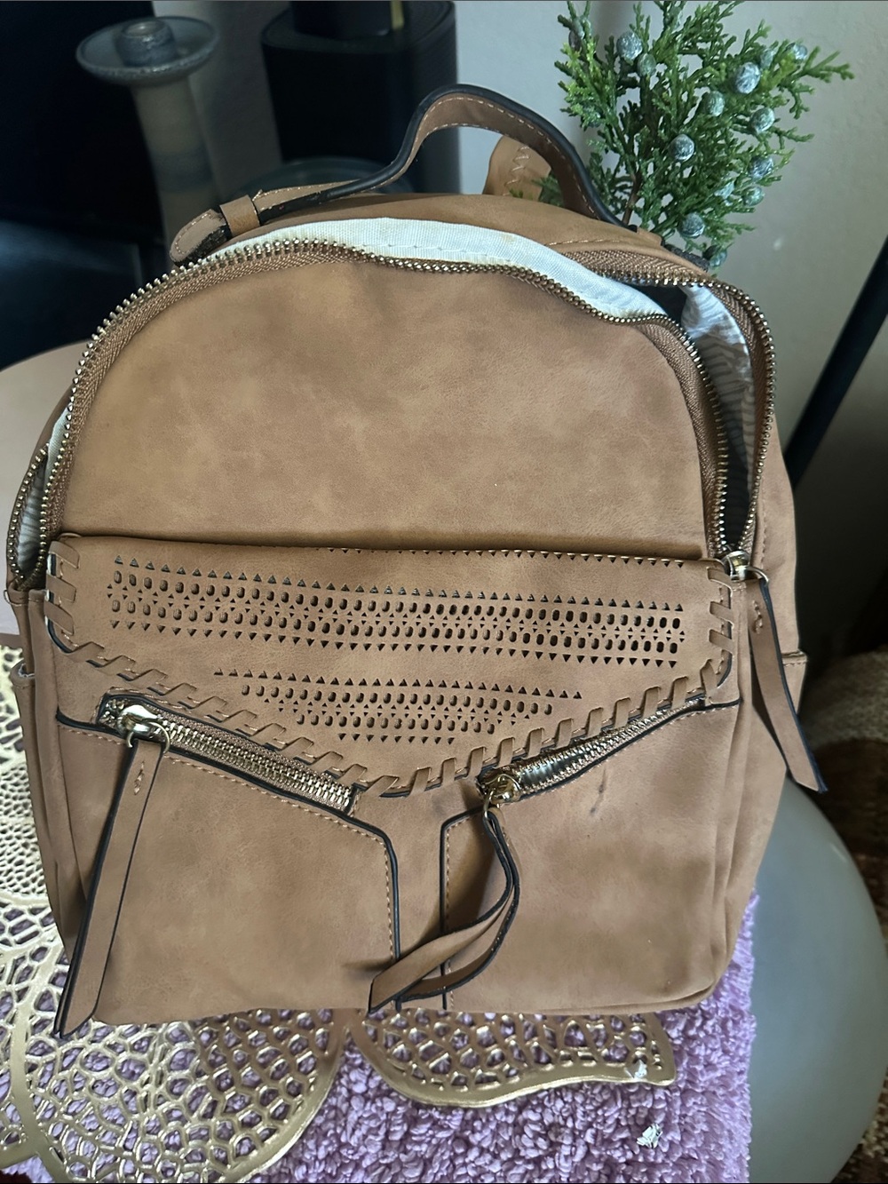 Women's Tan Faux-Leather Backpack Handbag